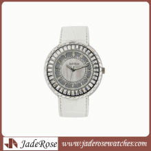 White Leather Strap Mop Dial White Rhinestone Lady Quartz Watch